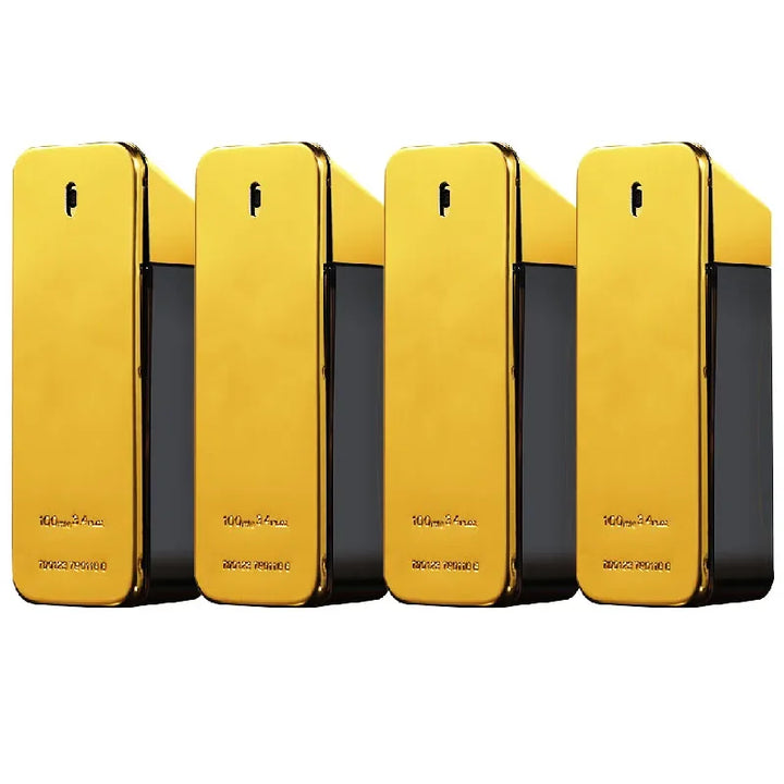 Four yellow and black perfume bottles with a visible brand logo on a white background