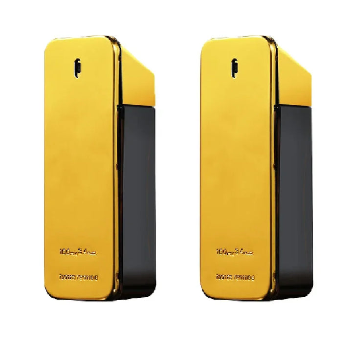 Two yellow and black perfume bottles on a white background