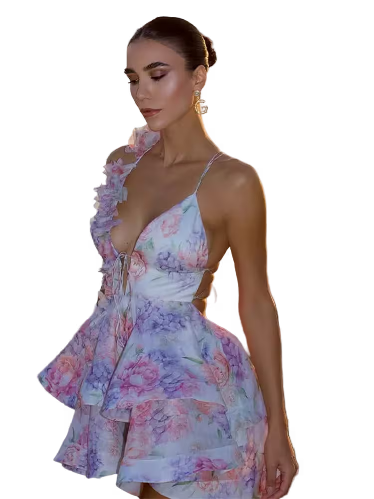 Woman wearing a floral dress on a transparent background