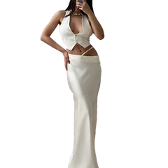 White evening gown with a fitted bodice and flared skirt on a transparent background