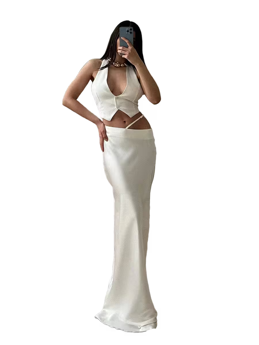 White evening gown with a fitted bodice and flared skirt on a transparent background