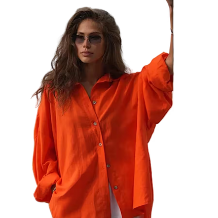 Woman wearing an orange shirt and sunglasses on a transparent background