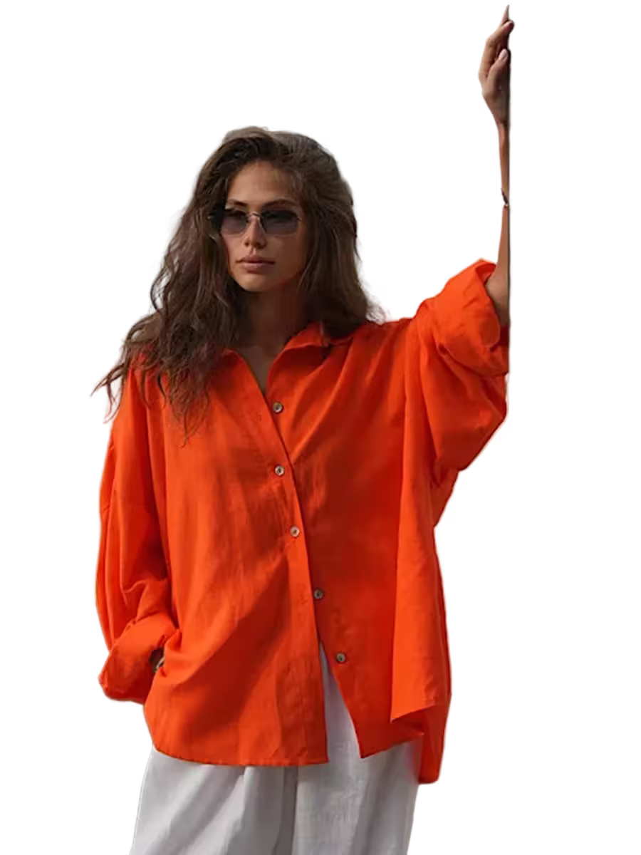 Woman wearing an orange shirt and sunglasses on a transparent background