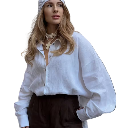 Woman wearing a white blouse and brown pants with a white headscarf on a transparent background