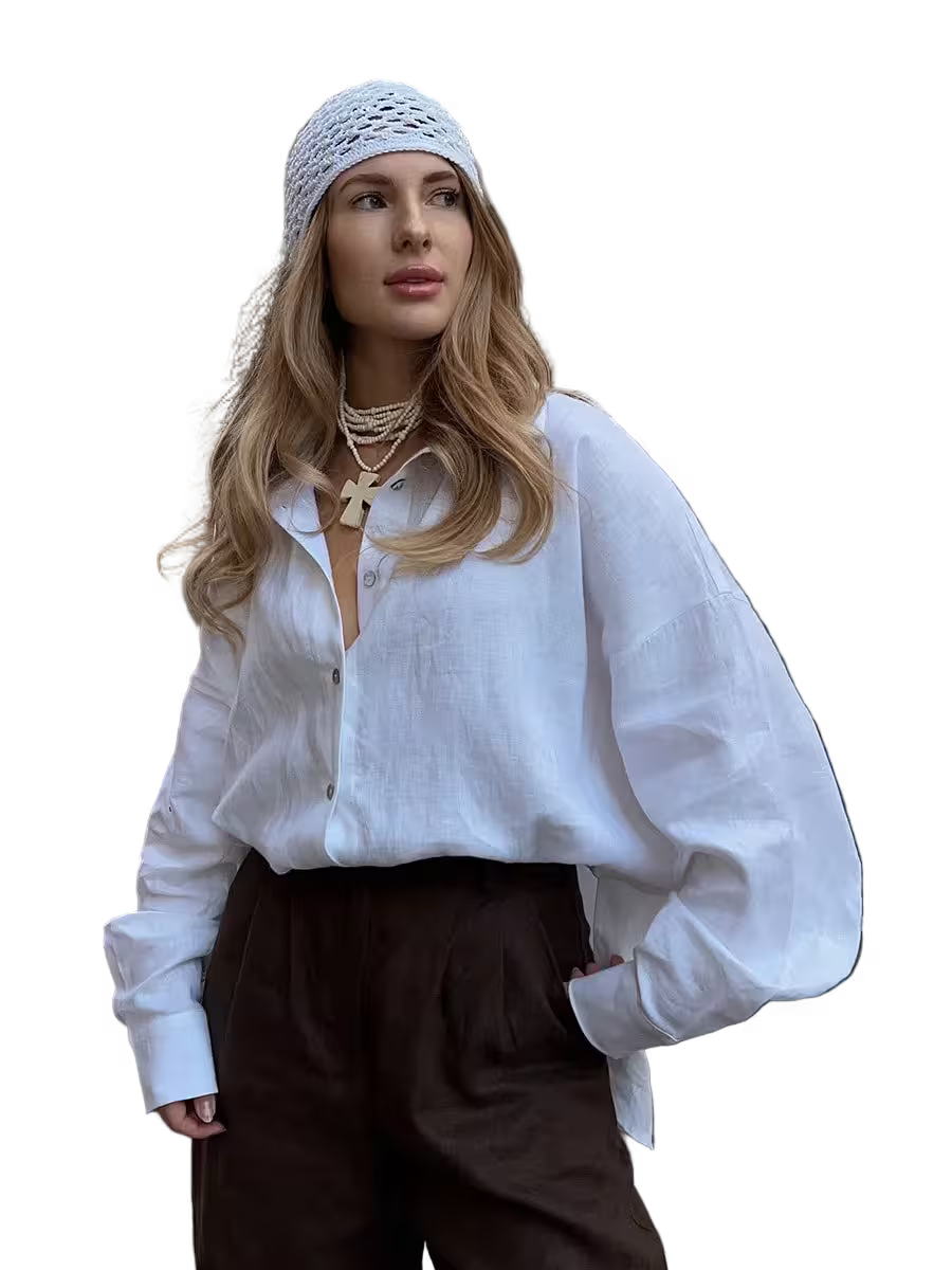 Woman wearing a white blouse and brown pants with a white headscarf on a transparent background