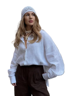 Woman wearing a white blouse and brown pants with a white headscarf on a transparent background