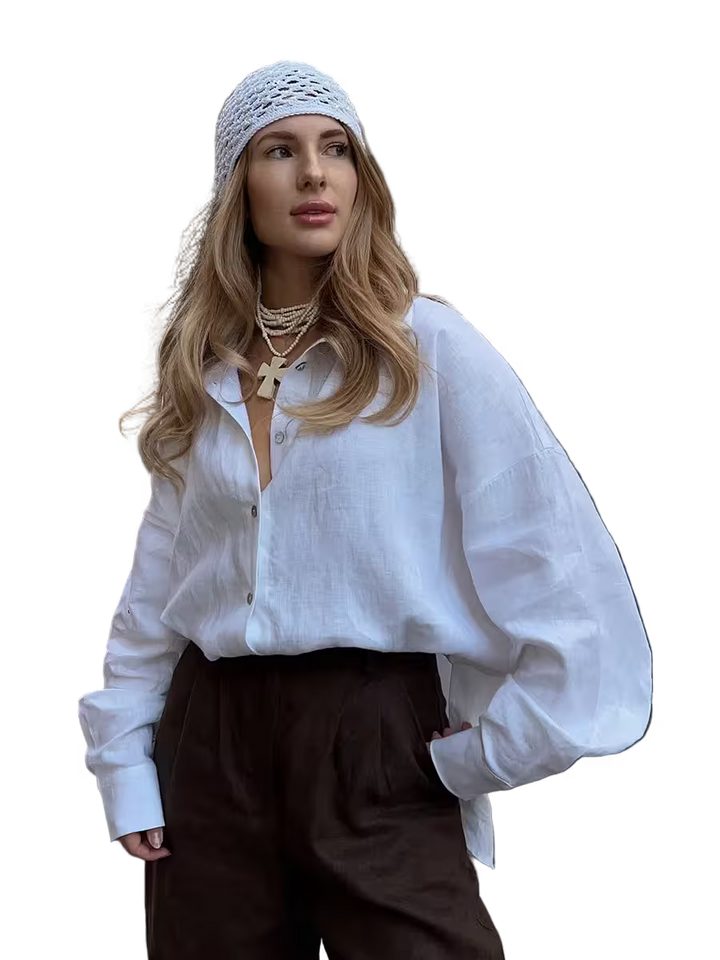 Woman wearing a white blouse and brown pants with a white headscarf on a transparent background