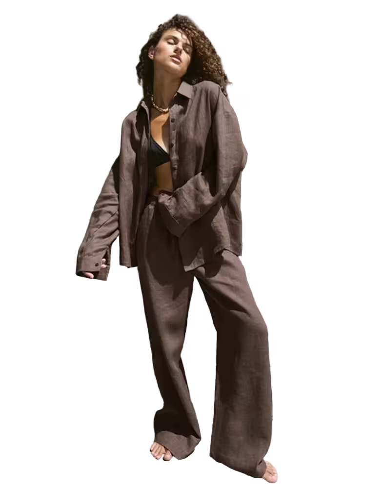 Person wearing a brown outfit on a transparent background