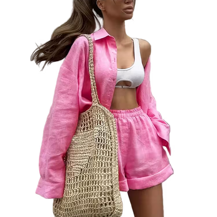 Woman in pink outfit with a beige bag on a transparent background