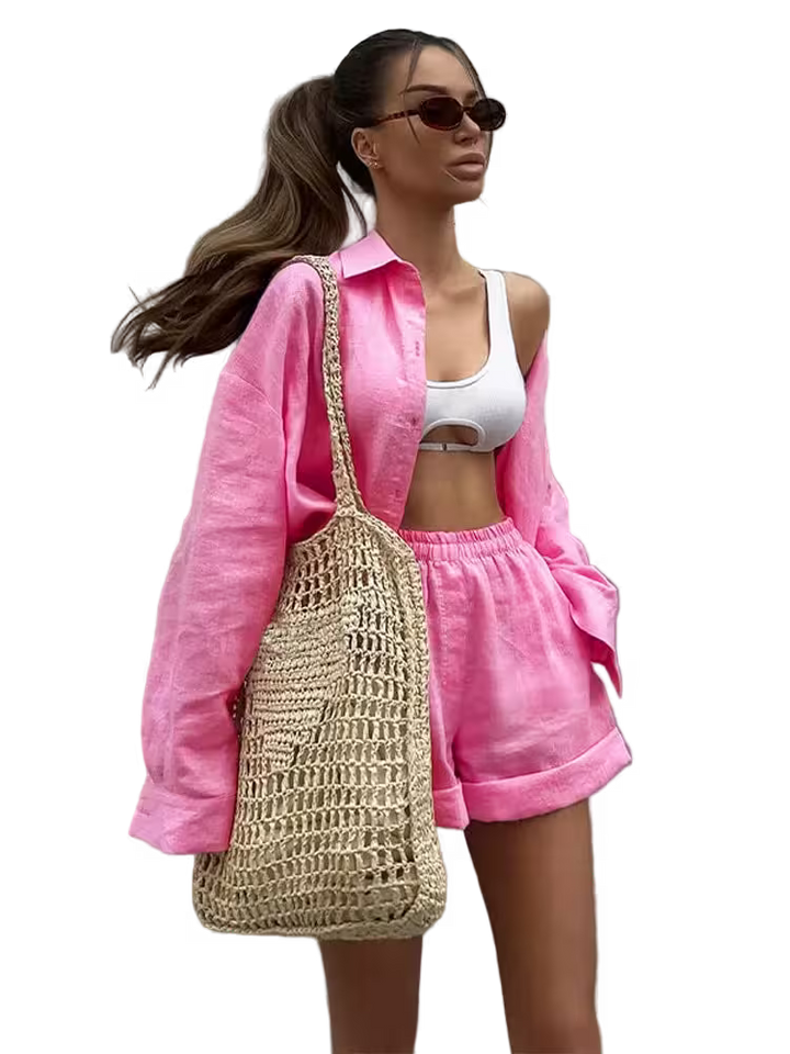 Woman in pink outfit with a beige bag on a transparent background