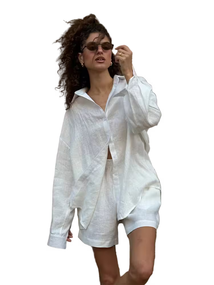 Woman wearing a white shirt and shorts on a transparent background