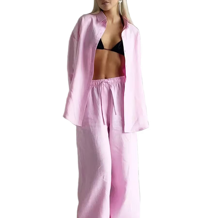 Woman wearing a pink outfit with a black bra and panties on a transparent background