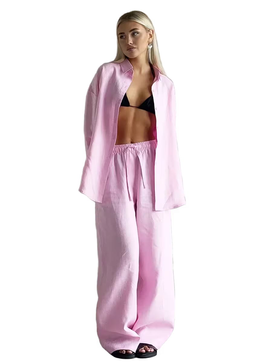 Woman wearing a pink outfit with a black bra and panties on a transparent background