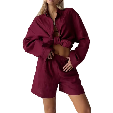 Woman wearing a burgundy outfit with a matching shirt and shorts on a transparent background