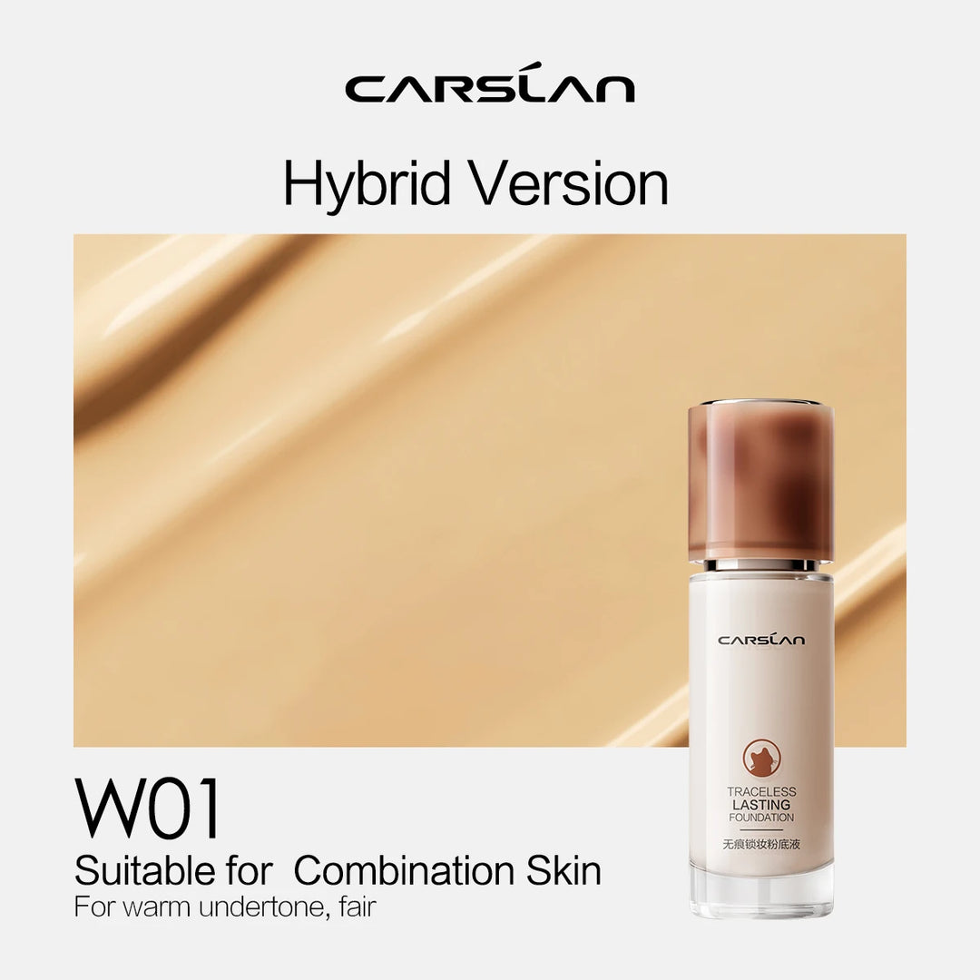Carolan foundation bottle with beige color swatch and text on a white background