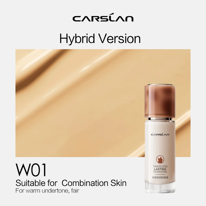 Carolan foundation bottle with beige color swatch and text on a white background