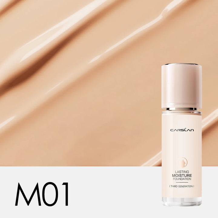 CARSUN foundation bottle with a swatch of foundation color on a beige background