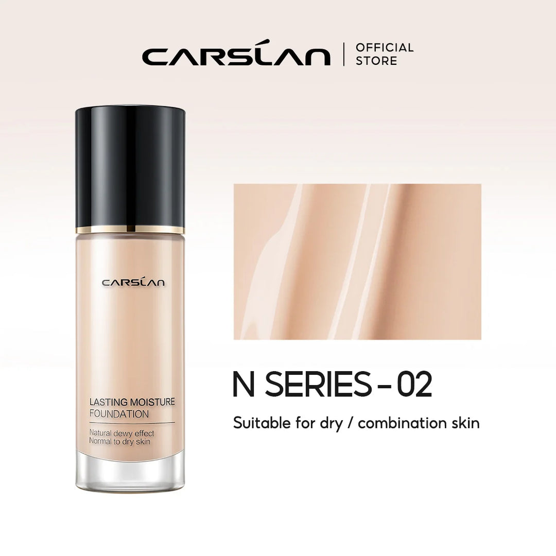 Carslan foundation bottle with product details on a light beige background