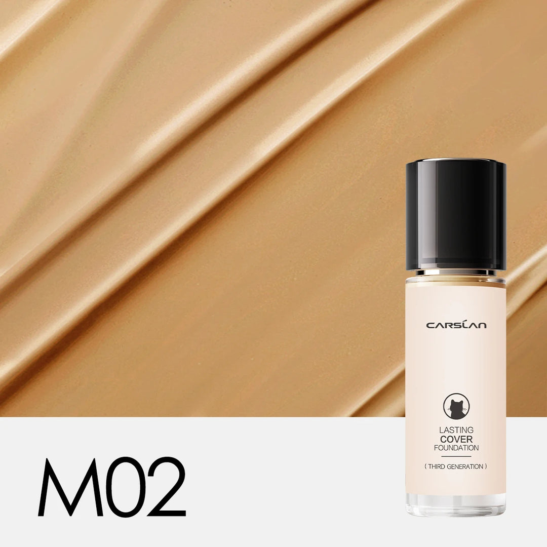 Foundation bottle with a beige color swatch and 'M02' text on a beige background