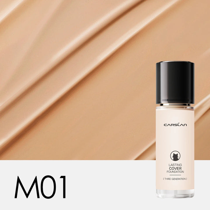 Foundation bottle with a beige swatch and 'CARSLAN' branding on a white background