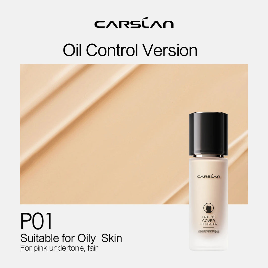 Carolan foundation bottle with beige color swatch and text on a white background