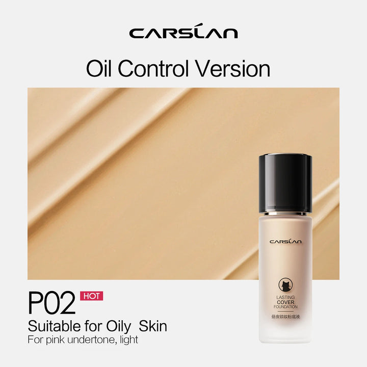 Carolan oil control foundation bottle with beige color swatch on a white background