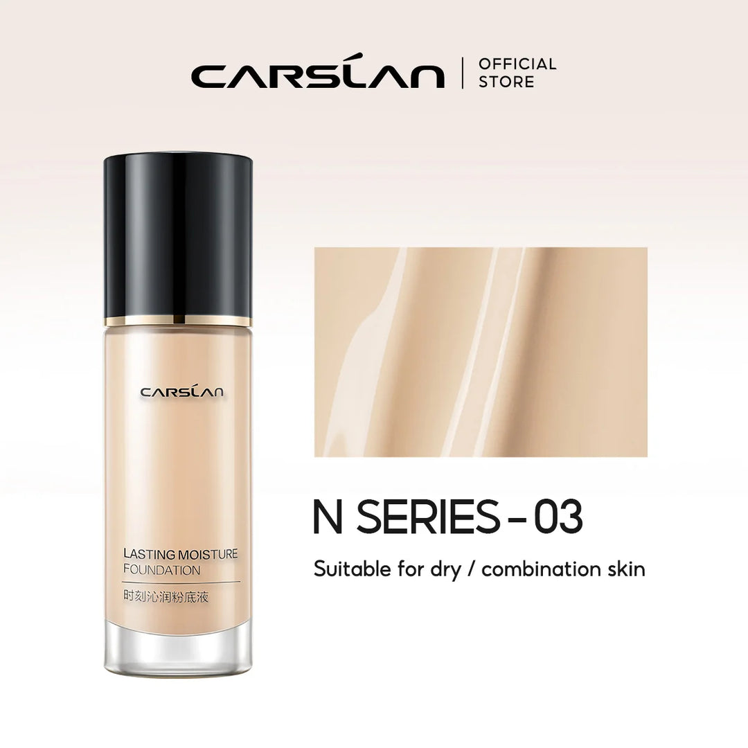 Carslan foundation bottle with product details on a light beige background