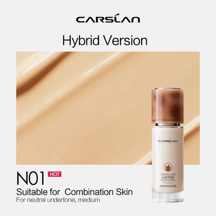 Carolan foundation bottle with beige cap on a beige background, featuring the brand name and product details.