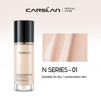 Carslan foundation bottle with a close-up of skin texture on a light background