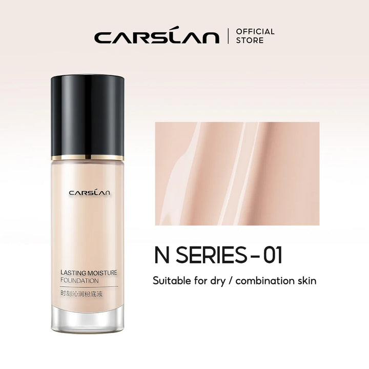 Carslan foundation bottle with a close-up of skin texture on a light background