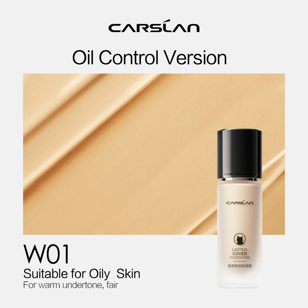 Carolan oil control foundation bottle with beige color swatch on a white background