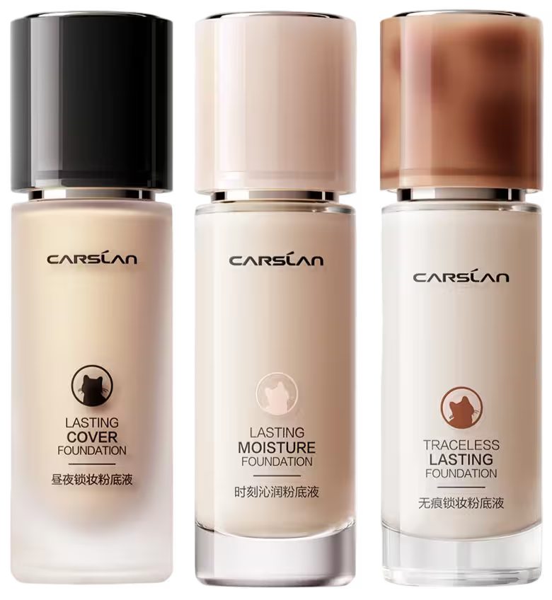 Three bottles of Carslan foundation with different shades on a white background