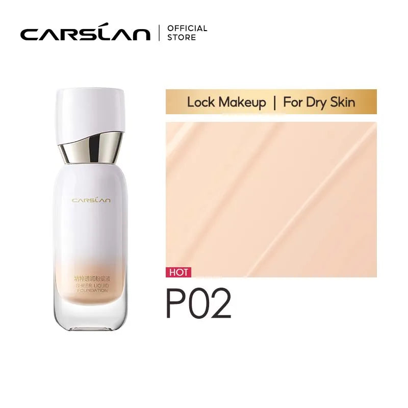 Carolan lock makeup for dry skin with product bottle and swatch on a white background