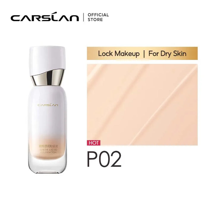 Carolan lock makeup for dry skin with product bottle and swatch on a white background