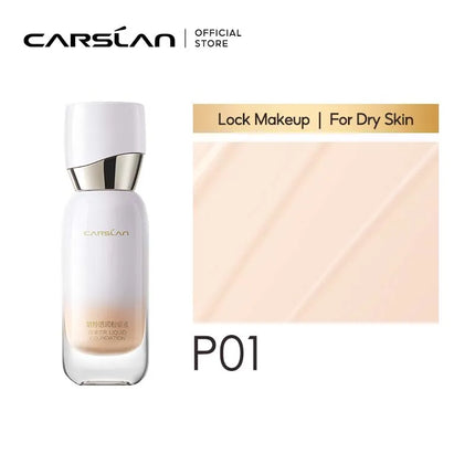 Carolan lock makeup for dry skin with a bottle and color swatch on a white background
