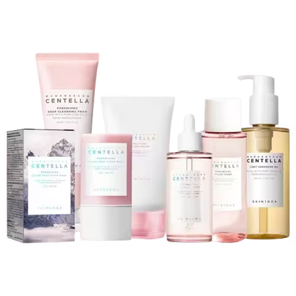 Collection of skincare products with Centella Asiatica branding on a white background