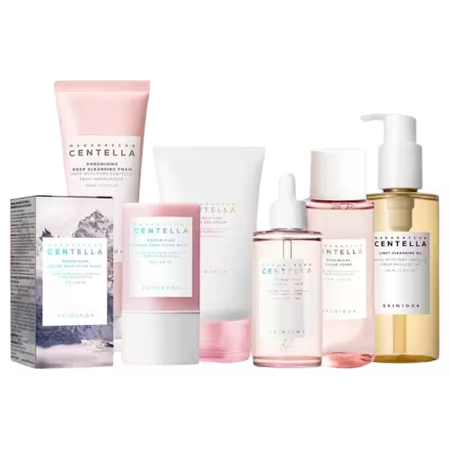 Collection of skincare products with Centella Asiatica branding on a white background
