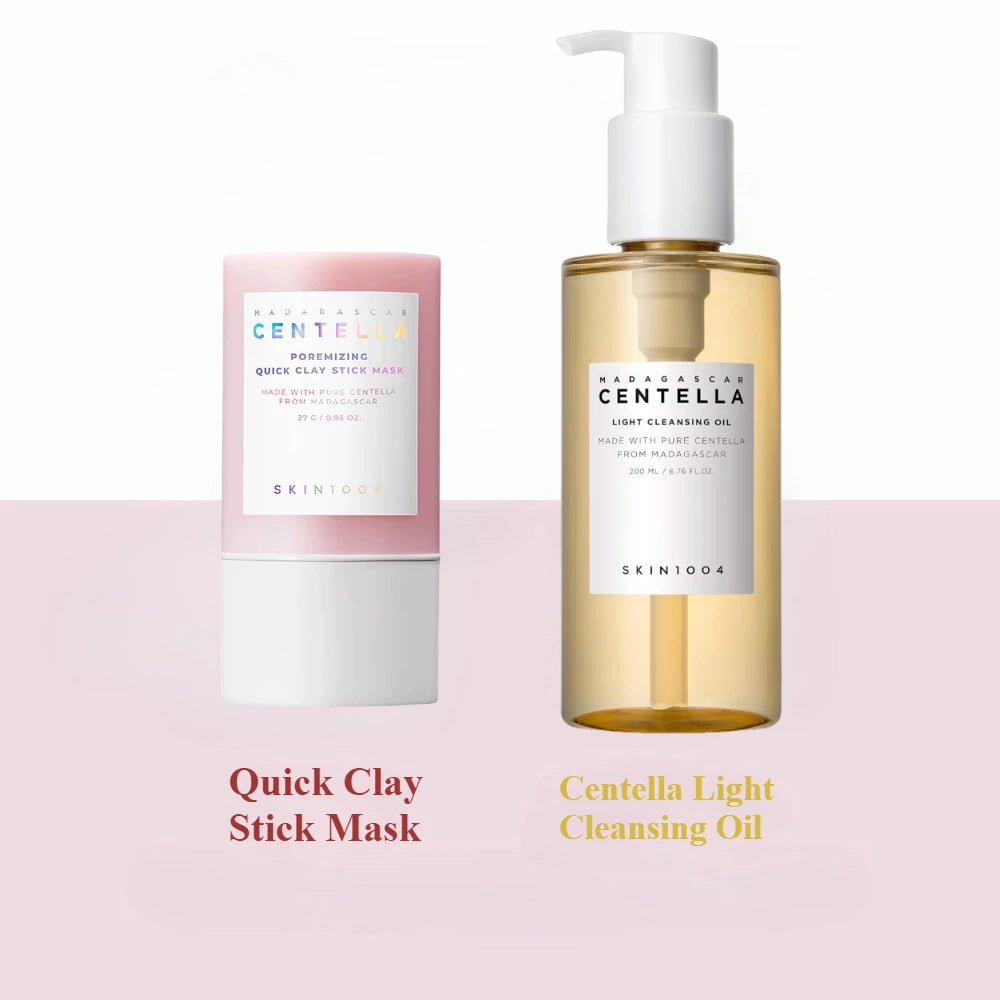 Two skincare products, a Quick Clay Stick Mask and Centella Light Cleansing Oil, on a light pink background.