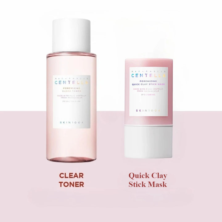 Two skincare products, a clear toner and a quick clay stick mask, on a pink background.