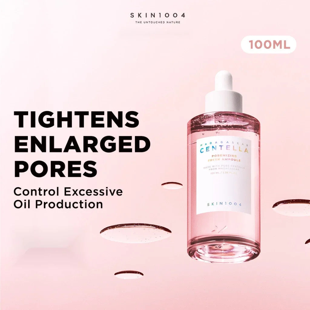 SKIN1004 Centella Asiatica Skin Refiner bottle on a pink background with text about product benefits.