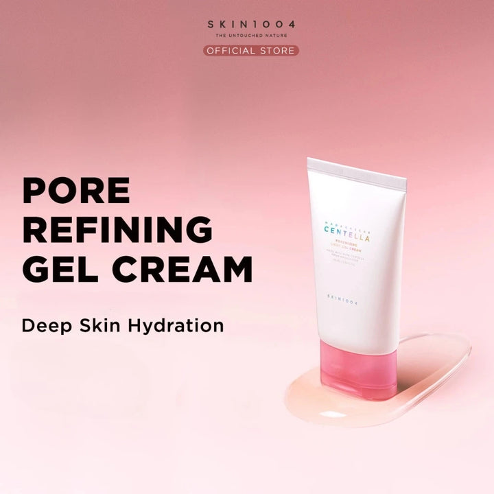 Pore refining gel cream tube with pink base on a pink background, featuring the Skin1004 brand.