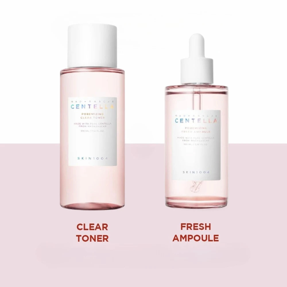 Two skincare products, a clear toner and a fresh ampoule, on a light pink background.