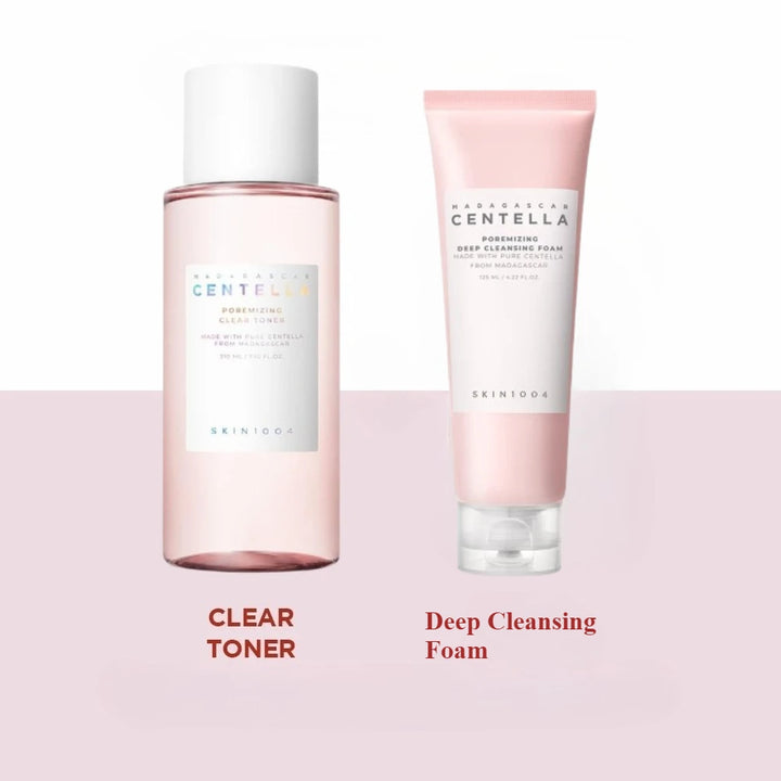 Two skincare products, a clear toner and a deep cleansing foam, on a pink background.