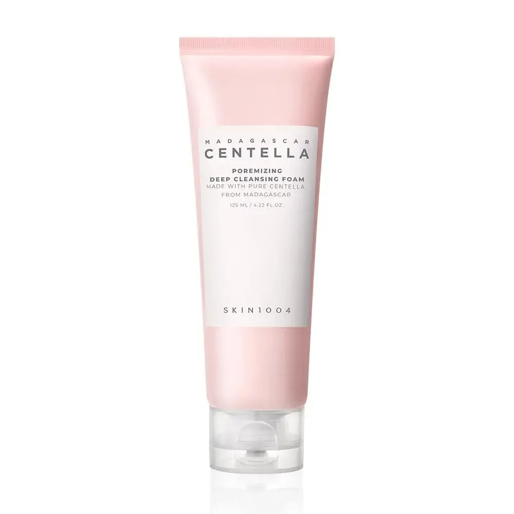 Pink tube of Madagascan Centella cleansing foam on a white background