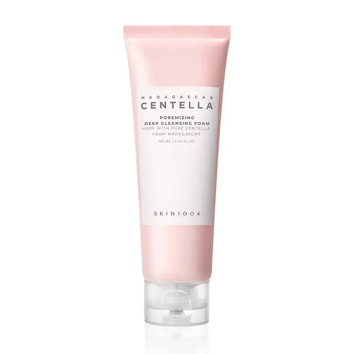Pink tube of Madagascan Centella cleansing foam on a white background