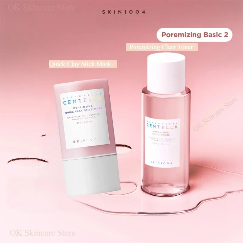 Two skincare products on a pink background with 'SKIN1004' branding.