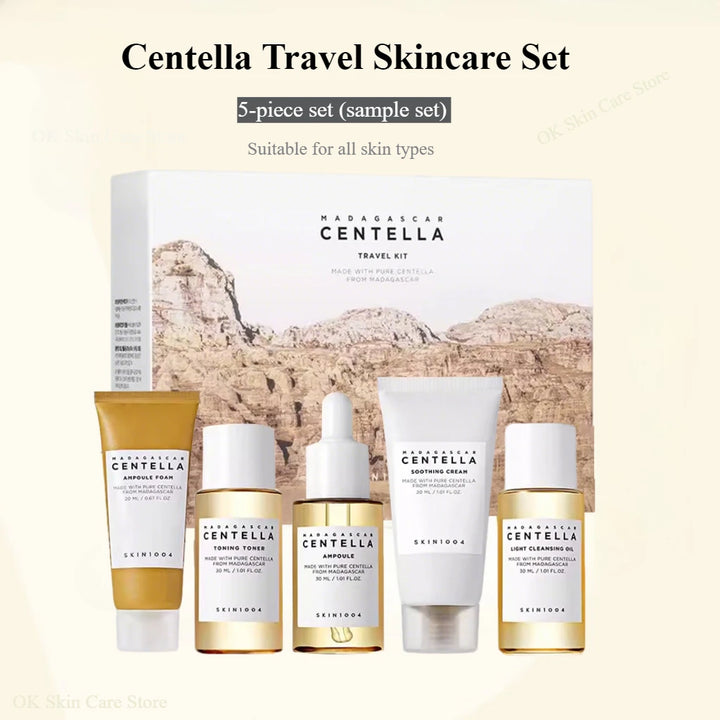 Centella Travel Skincare Set with packaging on a beige background