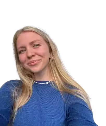 Woman with blonde hair wearing a blue sweater on a transparent background