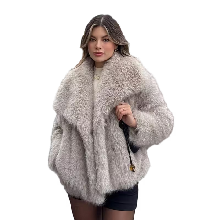 Woman wearing a gray fur coat on a transparent background