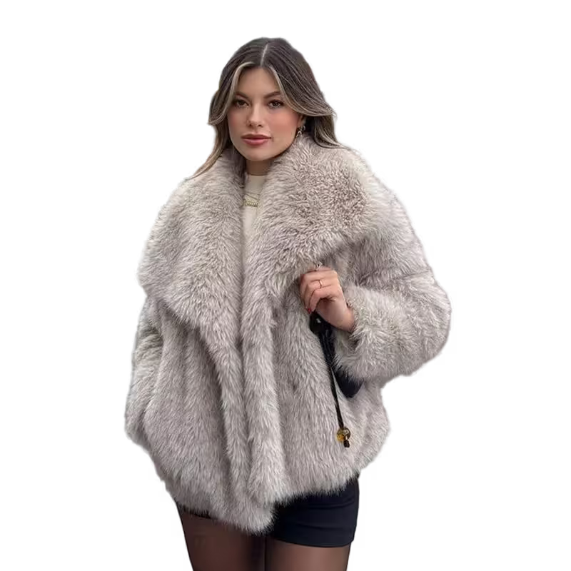 Woman wearing a gray fur coat on a transparent background